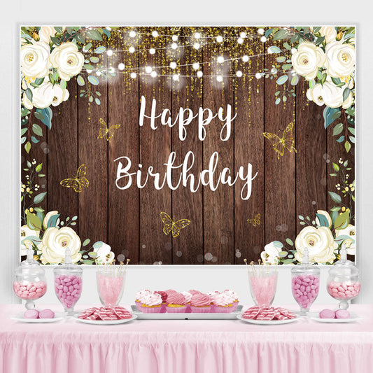 Lofaris Floral And Glitter Butterfly Happy Birthday Backdrop