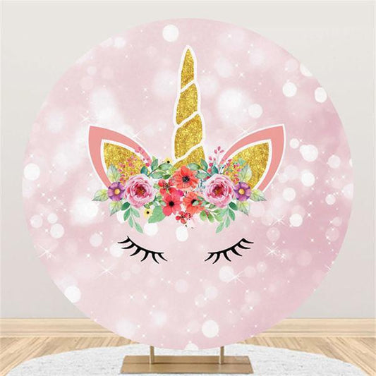 Lofaris Floral And Glitter Pink Unicorn Round Birthday Backdrop