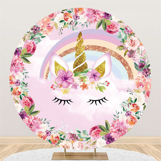 Lofaris Floral And Glitter Unicorn Cute Cartoon Round Backdrop