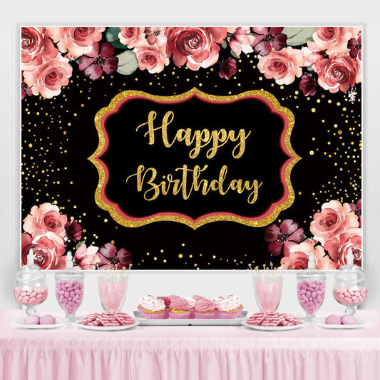 Lofaris Floral And Gloden-Black Dots Happy Birthday Backdrop