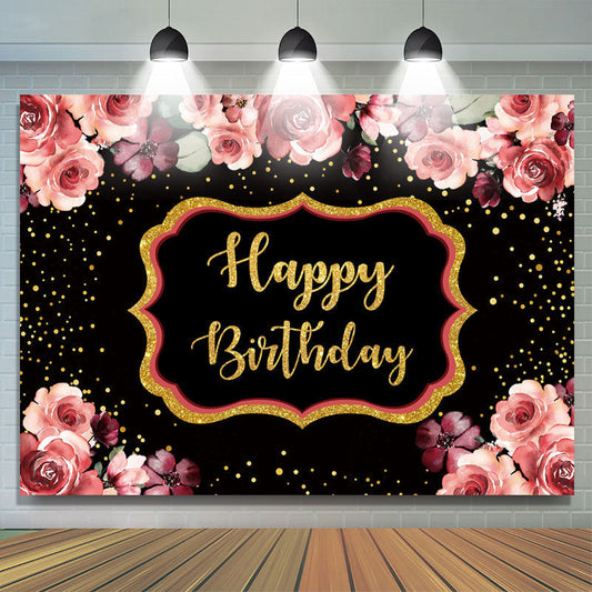 Lofaris Floral And Gloden-Black Dots Happy Birthday Backdrop