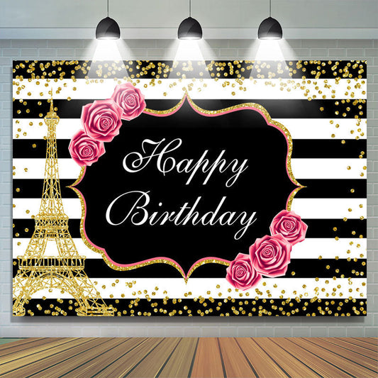 Lofaris Floral And Gold Eiffel Tower Glitter Birthday backdrop