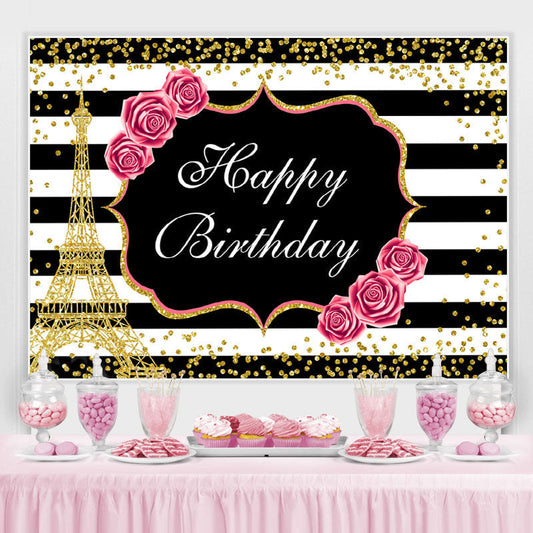 Lofaris Floral And Gold Eiffel Tower Glitter Birthday backdrop