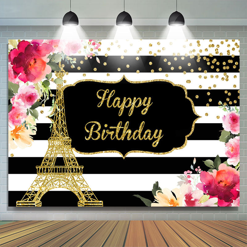 Lofaris Floral And Gold Eiffel Tower Happy Birthday backdrop