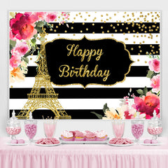 Lofaris Floral And Gold Eiffel Tower Happy Birthday backdrop
