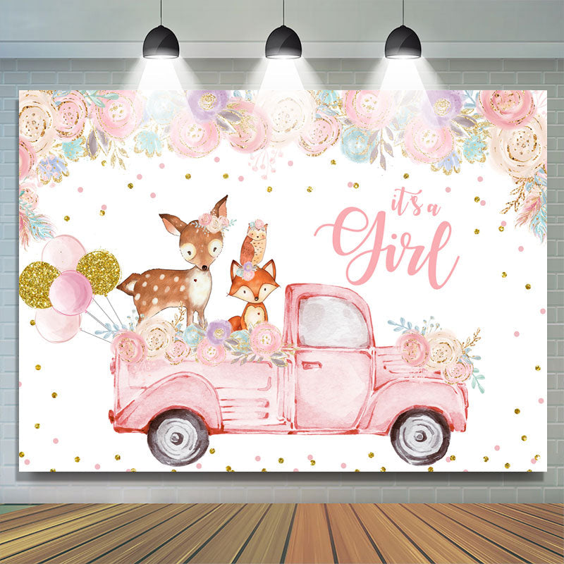 Lofaris Floral And Pink Truck With Deer Baby Shower Backdrop