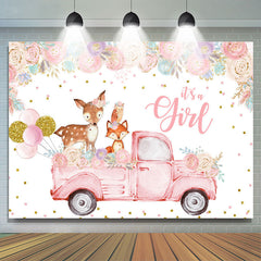 Lofaris Floral And Pink Truck With Deer Baby Shower Backdrop