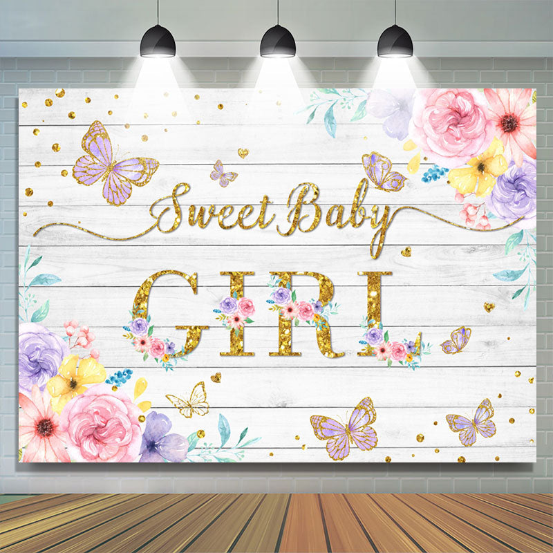 Lofaris Floral And Purple Glitter Butterfly Baby Shower Backdrop