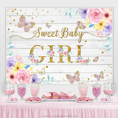 Lofaris Floral And Purple Glitter Butterfly Baby Shower Backdrop
