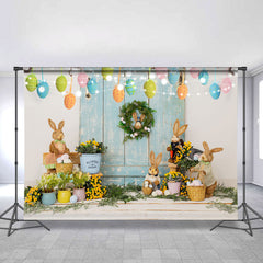 Lofaris Floral And Rabbit Glitter Happy Easter Day Backdrop