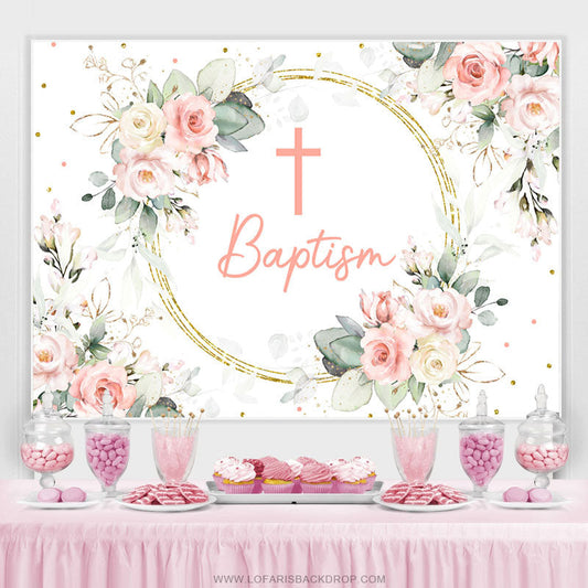 Lofaris Floral Baby Pink Cross Baptism Backdrop For Girls