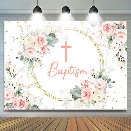 Lofaris Floral Baby Pink Cross Baptism Backdrop For Girls