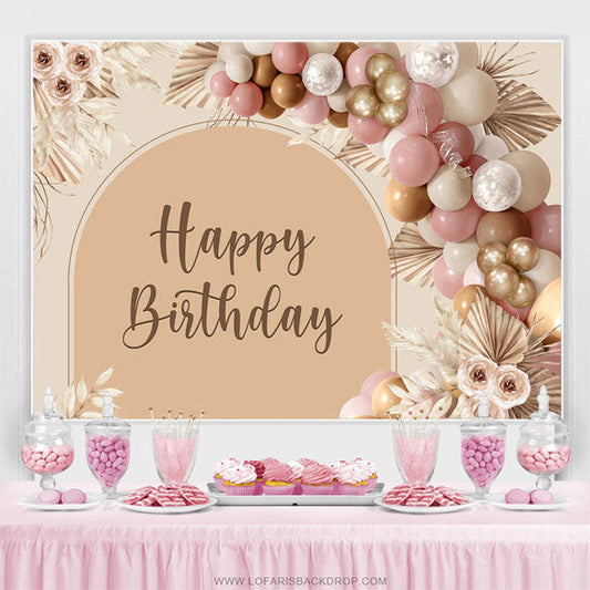Lofaris Floral Balloon Light Brown Boho Happy Birthday Backdrop