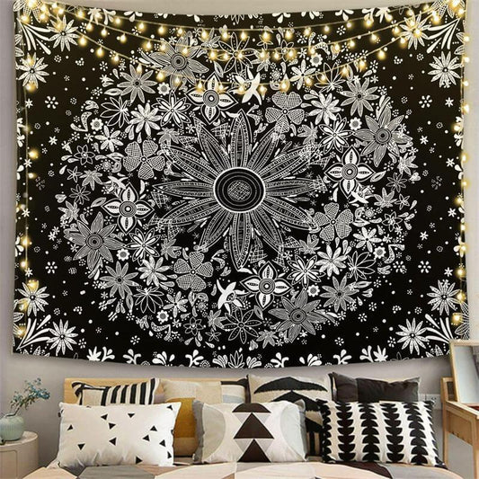 Lofaris Floral Black And White Geometric Family Wall Tapestry