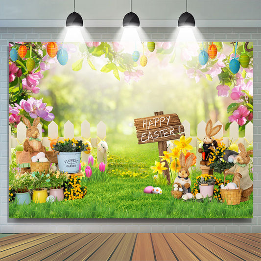 Lofaris Floral Bunny Garden Happy Easter Day Backdrop
