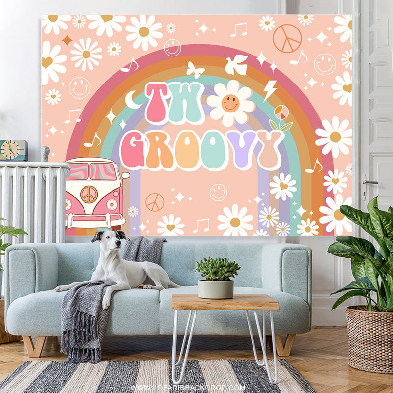 Lofaris Floral Car Rainbow Happy 2Nd Birthday Backdrop