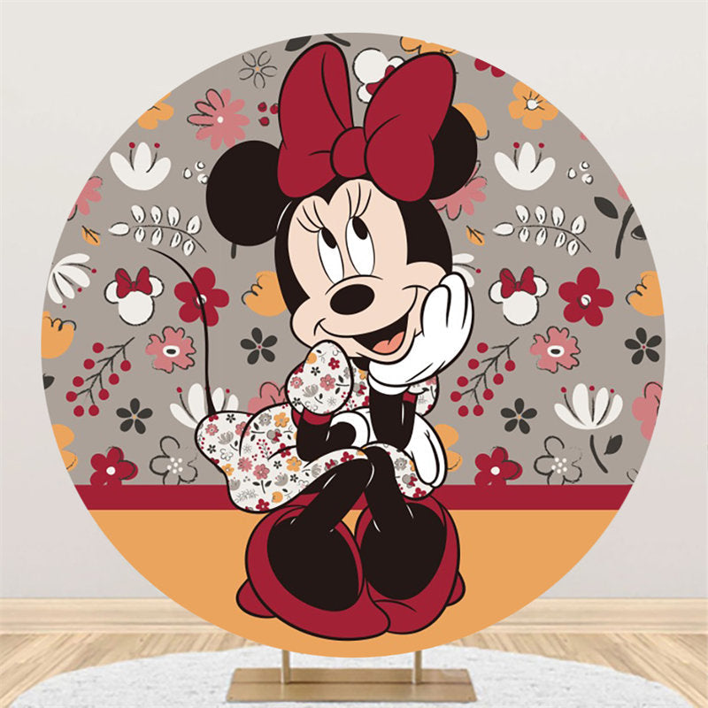 Lofaris Floral Cartoon Mouse Round Birthday Backdrop For Girl