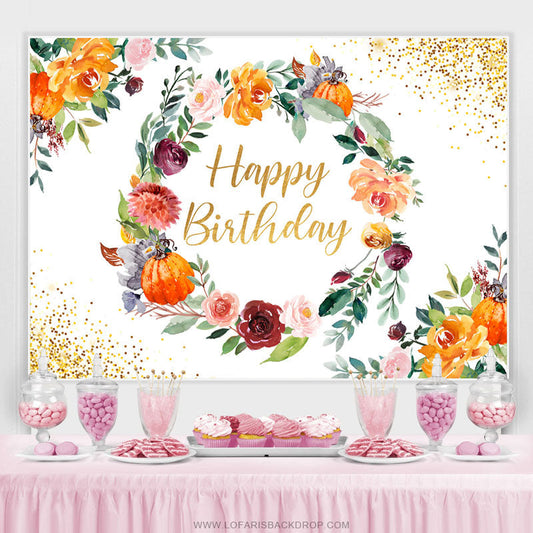 Lofaris Floral Circle With Golden Dots Happy Birthday Backdrop