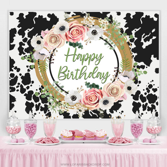 Lofaris Floral Cow Pattern Happy Birthday Backdrop For Female