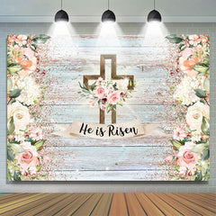 Lofaris Floral Cross He Is Risen Happy Easter Backdrop