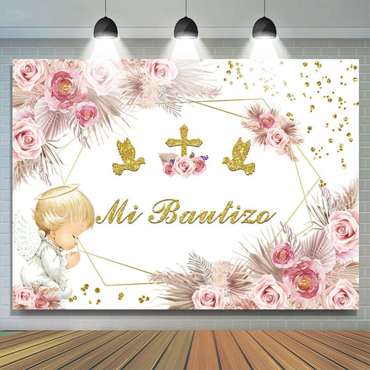 Lofaris Floral Dove Cross Mi Bautizo Party Sweet Backdrop