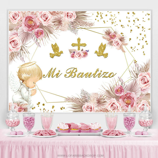 Lofaris Floral Dove Cross Mi Bautizo Party Sweet Backdrop