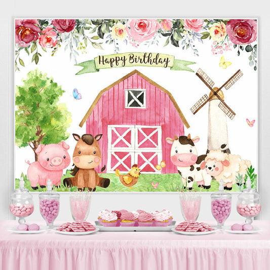 Lofaris Floral Farm With Cute Animals Happy Birthday Backdrop