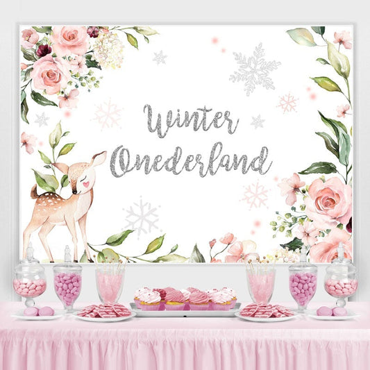 Lofaris Floral Fawn Winter Onederlan Backdrop for Baby Shower