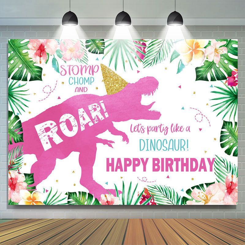 Lofaris Floral Glitter Dinosaur Theme Happy Birthday Backdrop