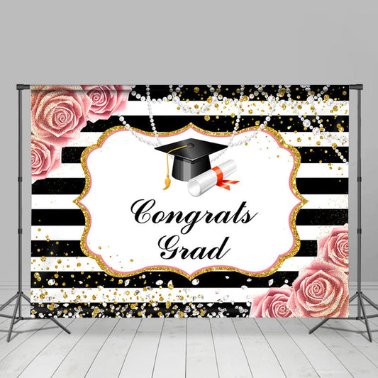 Lofaris Floral Glitter Stripes Congrats Grad Graduation Bachelor Cap Backdrop