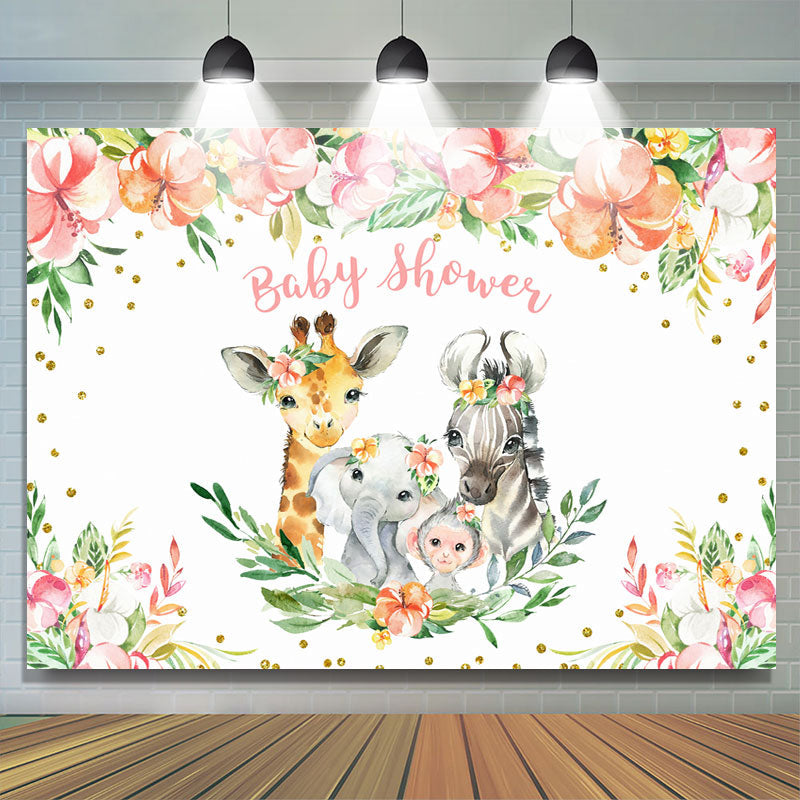 Lofaris Floral Gold Glitter Animals Backdrop for Baby Shower Party