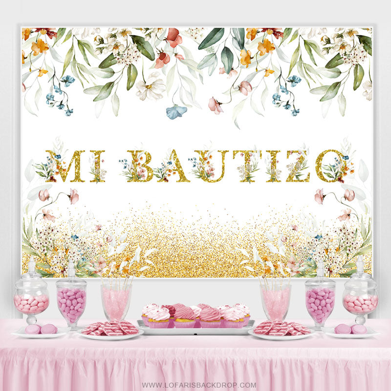 Lofaris Floral Gold Glitter Mi Bautizo Baby Shower Backdrop