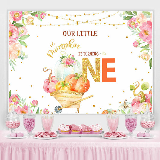 Lofaris Floral Gold Glitter Out Little Pumpkin Is Turning One Birthday Backdrop