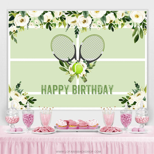 Lofaris Floral Lawn Tennis Ball Green Happy Birthday Backdrop