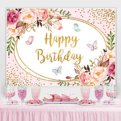 Lofaris Floral Pink and Golden Bots Happy Birthday Backdrop
