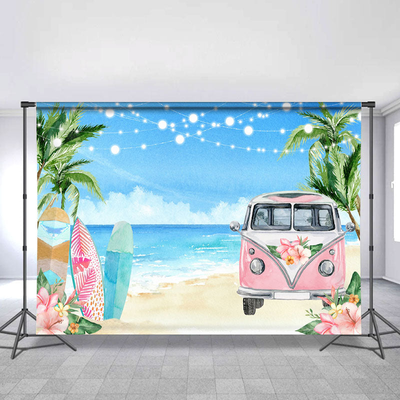 Lofaris Floral Pink Bus Beach Vacation Summer Party Backdrop