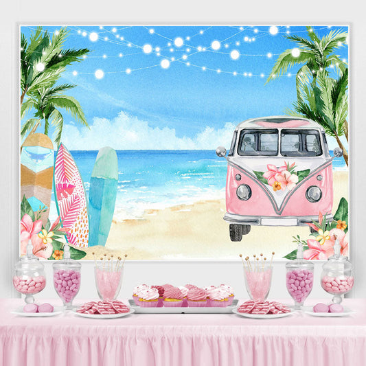 Lofaris Floral Pink Bus Beach Vacation Summer Party Backdrop
