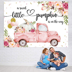 Lofaris Floral pink car with pumpkin baby shower Backdrop