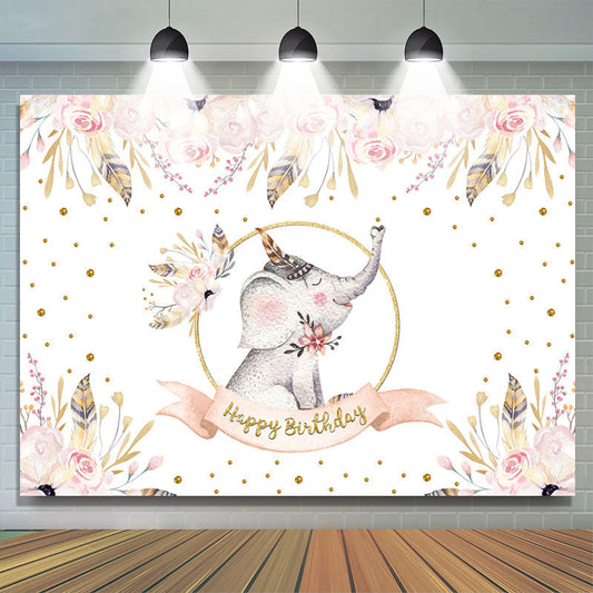 Lofaris Floral Pink Elepant Gold Glitter Backdrop for Birthday