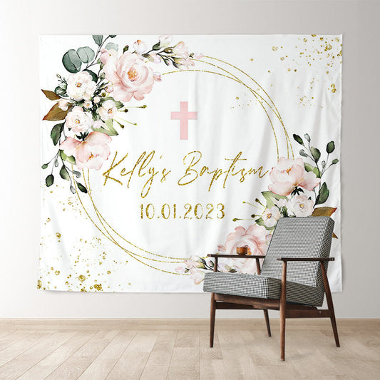 Lofaris Floral Pink Glitter Gold Cross Theme Wedding Backdrop