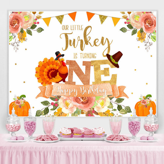 Lofaris Floral Pumpkin Our Little Turkey Is Turning One Happy Birthday Backdrop