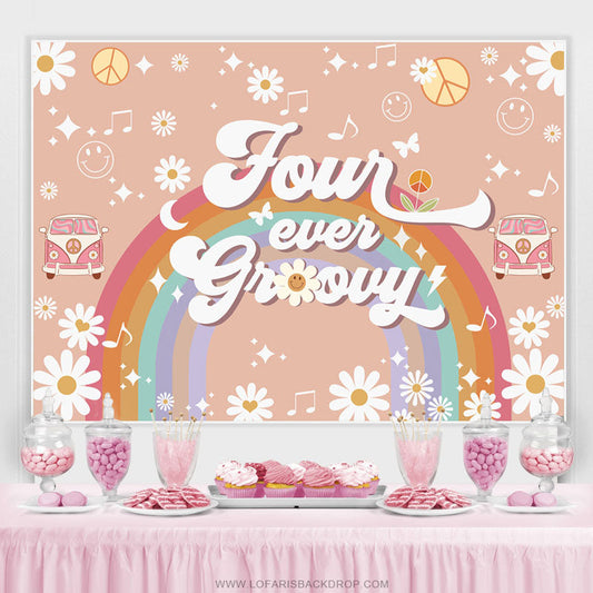 Lofaris Floral Rainbow Four Ever Growy Birthday Backdrop