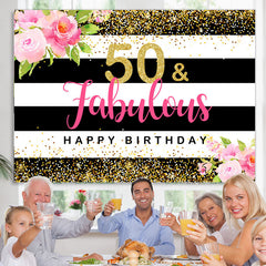 Lofaris Floral Stripes 50 And Fabulous Happy Birthday Backdrop