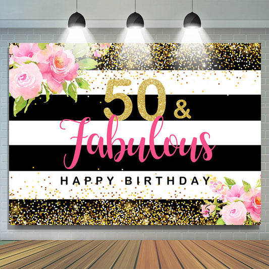 Lofaris Floral Stripes 50 And Fabulous Happy Birthday Backdrop