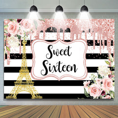 Lofaris Floral Sweet Sixteen Pink Glitter Gold Tower Stripe Backdrop for Girl
