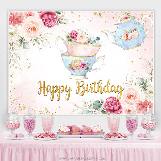 Lofaris Floral Teapot Lovely Spring Happy Birthday Backdrop