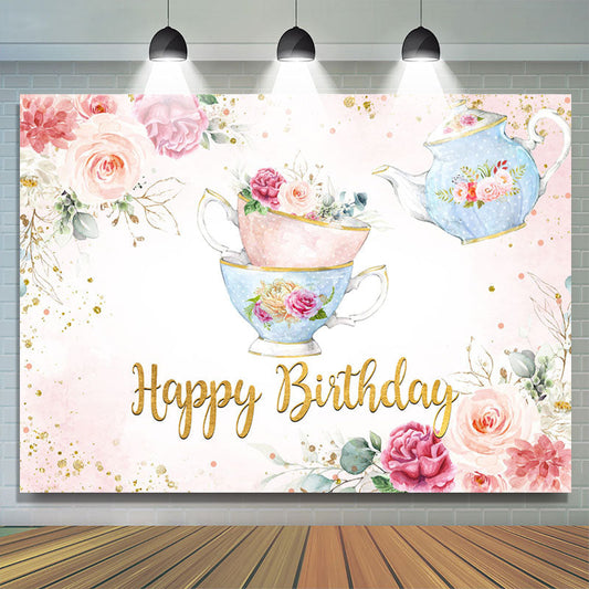 Lofaris Floral Teapot Lovely Spring Happy Birthday Backdrop