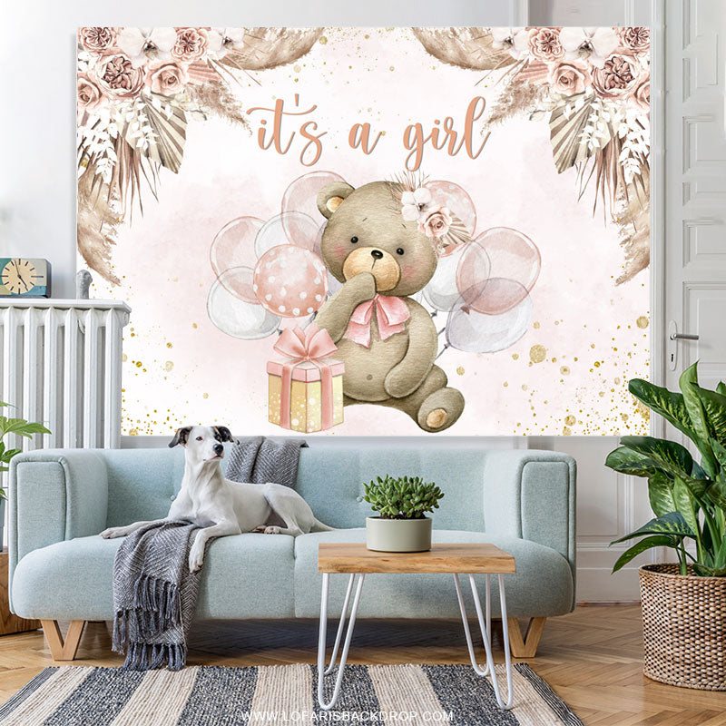 Lofaris Floral Teddy Bear With Balloon Baby Shower Backdrop