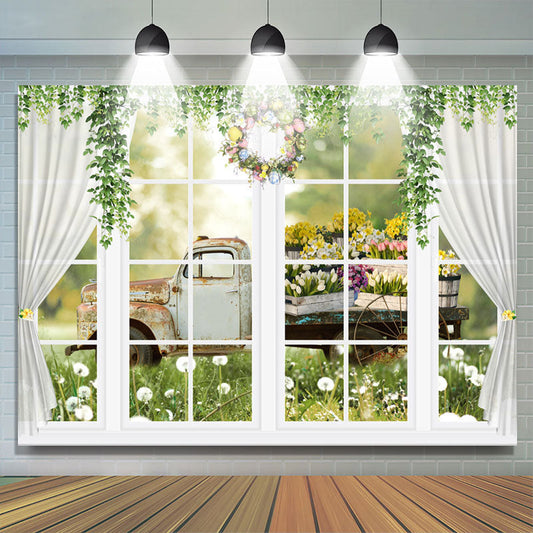 Lofaris Floral Truck Outside Window Easter Day Backdrop