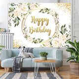 Load image into Gallery viewer, Lofaris Floral With Golden Circle Dots Happy Birthday Backdrop